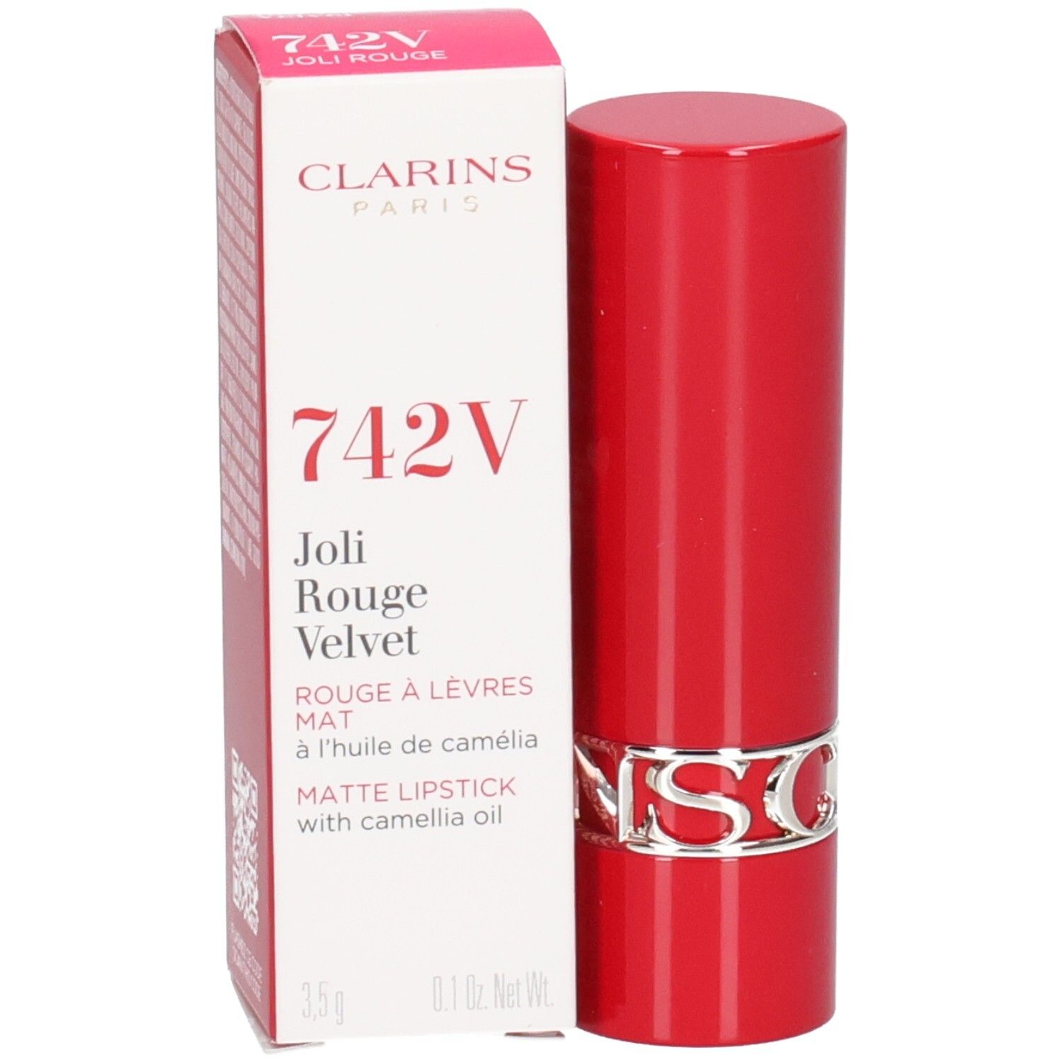 Rouge à lèvres Clarins Joli Rouge Velvet 742V rouge avec logo CLARINS argenté. Boîte en carton à côté.