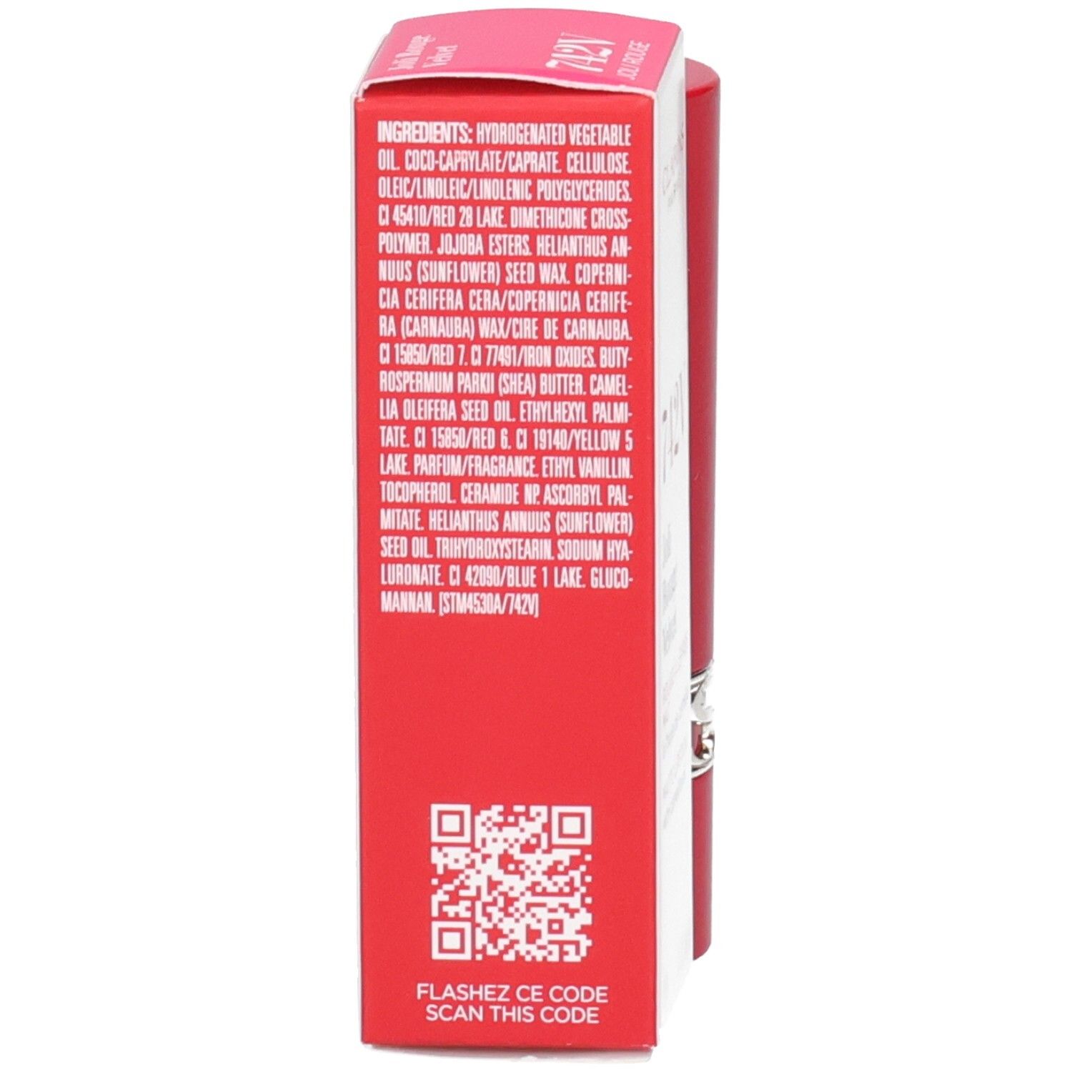 Arrière de l'emballage du rouge à lèvres Clarins Joli Rouge Velvet 742V avec ingrédients et QR code.