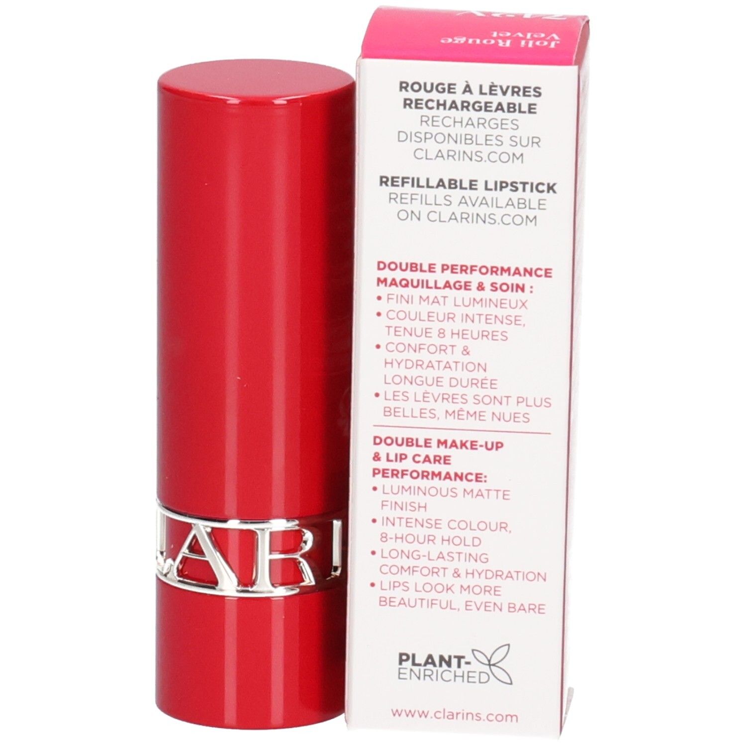 Rouge à lèvres Clarins Joli Rouge Velvet 742V rouge, vue arrière. Boîte en carton avec informations produit.