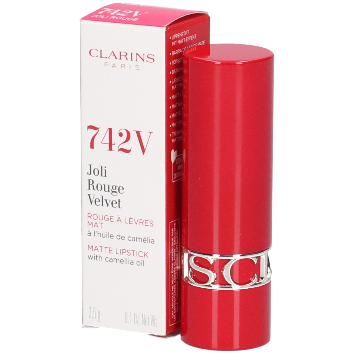 Rouge à lèvres Clarins Joli Rouge Velvet 742V rouge avec logo CLARINS argenté. Boîte en carton à côté.