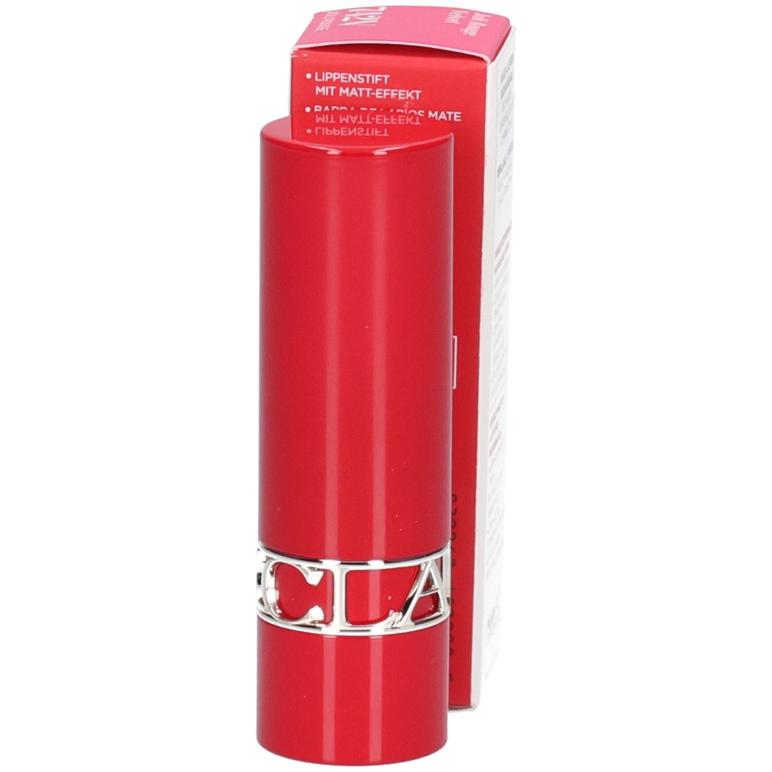 Rouge à lèvres Clarins Joli Rouge Velvet 742V rouge, vue latérale. Boîte en carton avec informations produit.