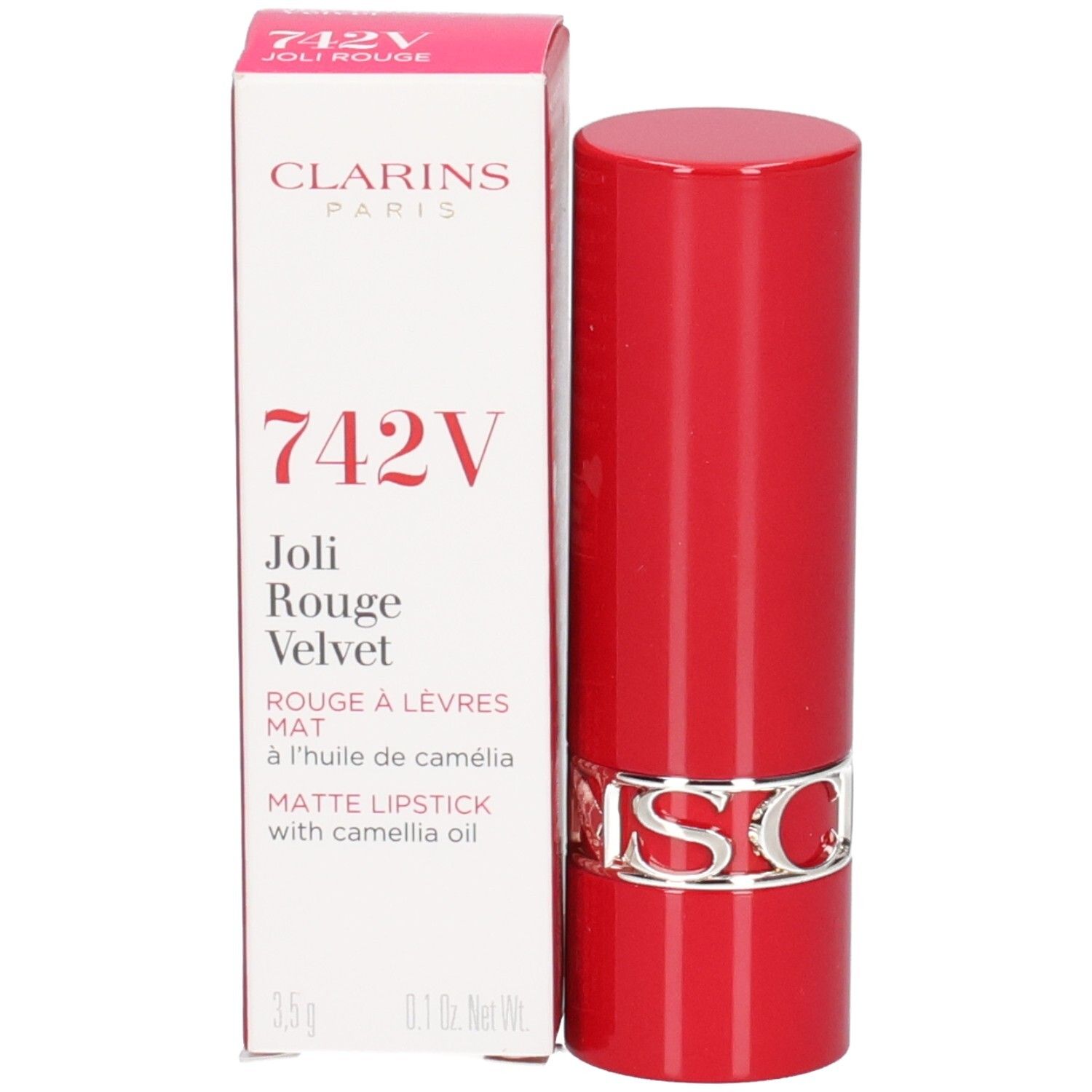Rouge à lèvres Clarins Joli Rouge Velvet 742V rouge avec logo CLARINS argenté. Boîte en carton à côté.