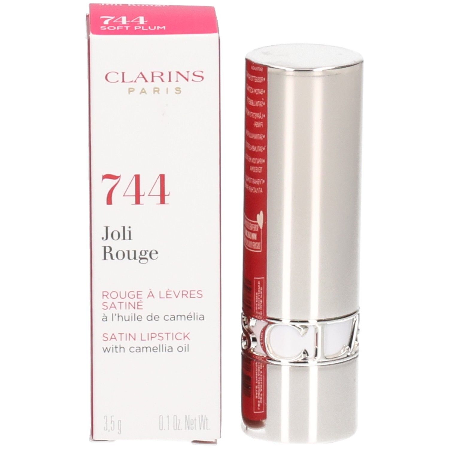 Rouge à lèvres Clarins Joli Rouge 744 Soft Plum dans son tube argenté, à côté de sa boîte.