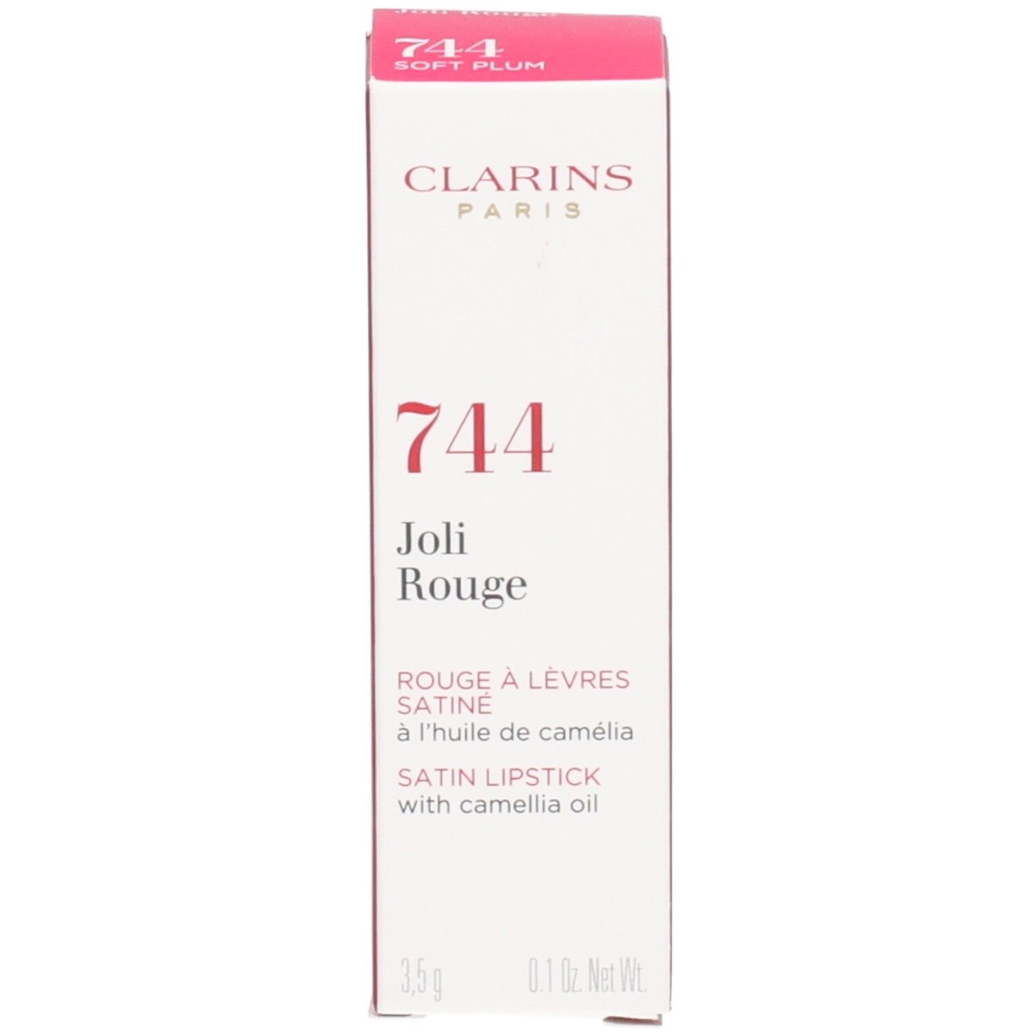 Boîte du rouge à lèvres Clarins Joli Rouge 744 Soft Plum, avec informations produit.