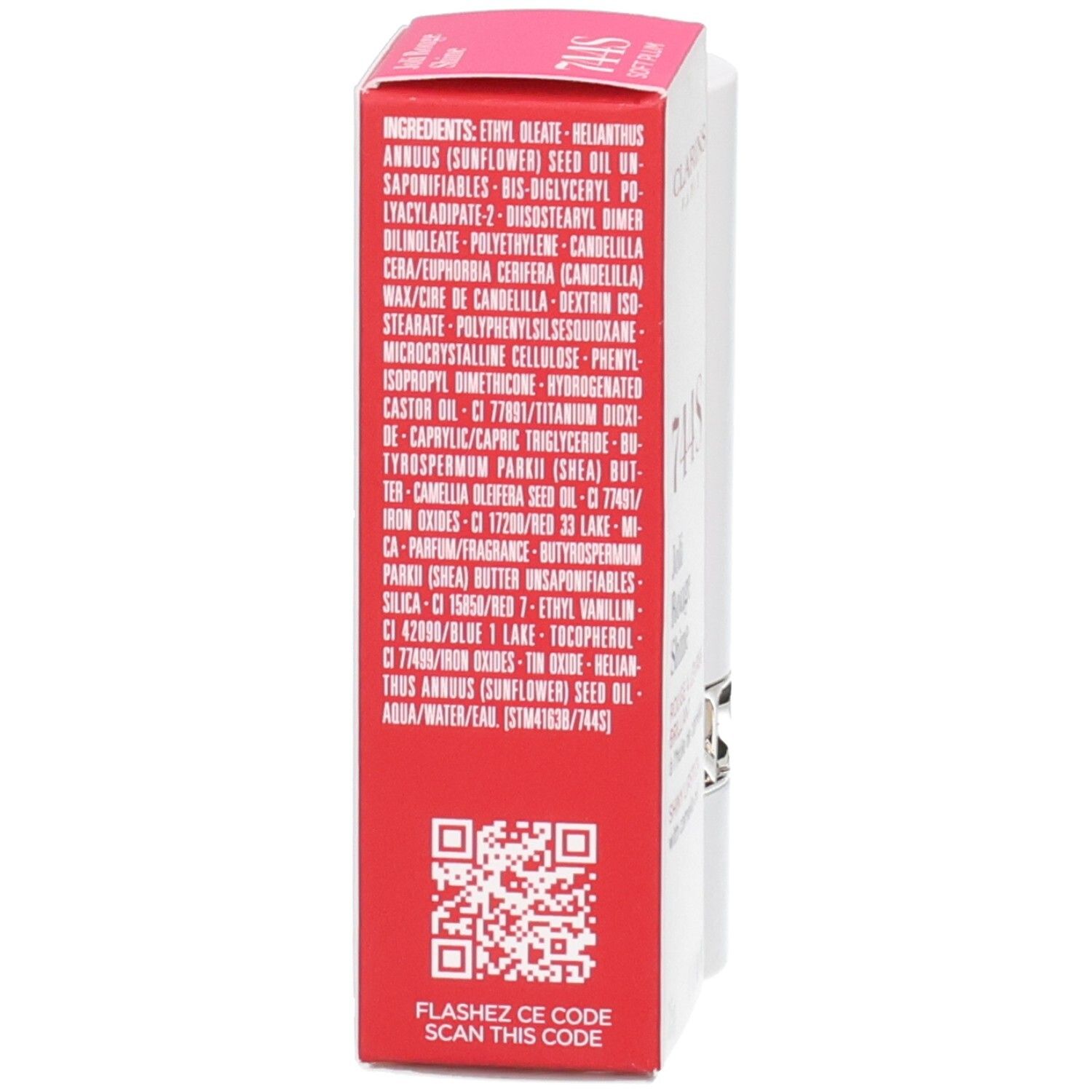 Arrière de l'emballage Clarins Joli Rouge Shine avec liste d'ingrédients et code QR.