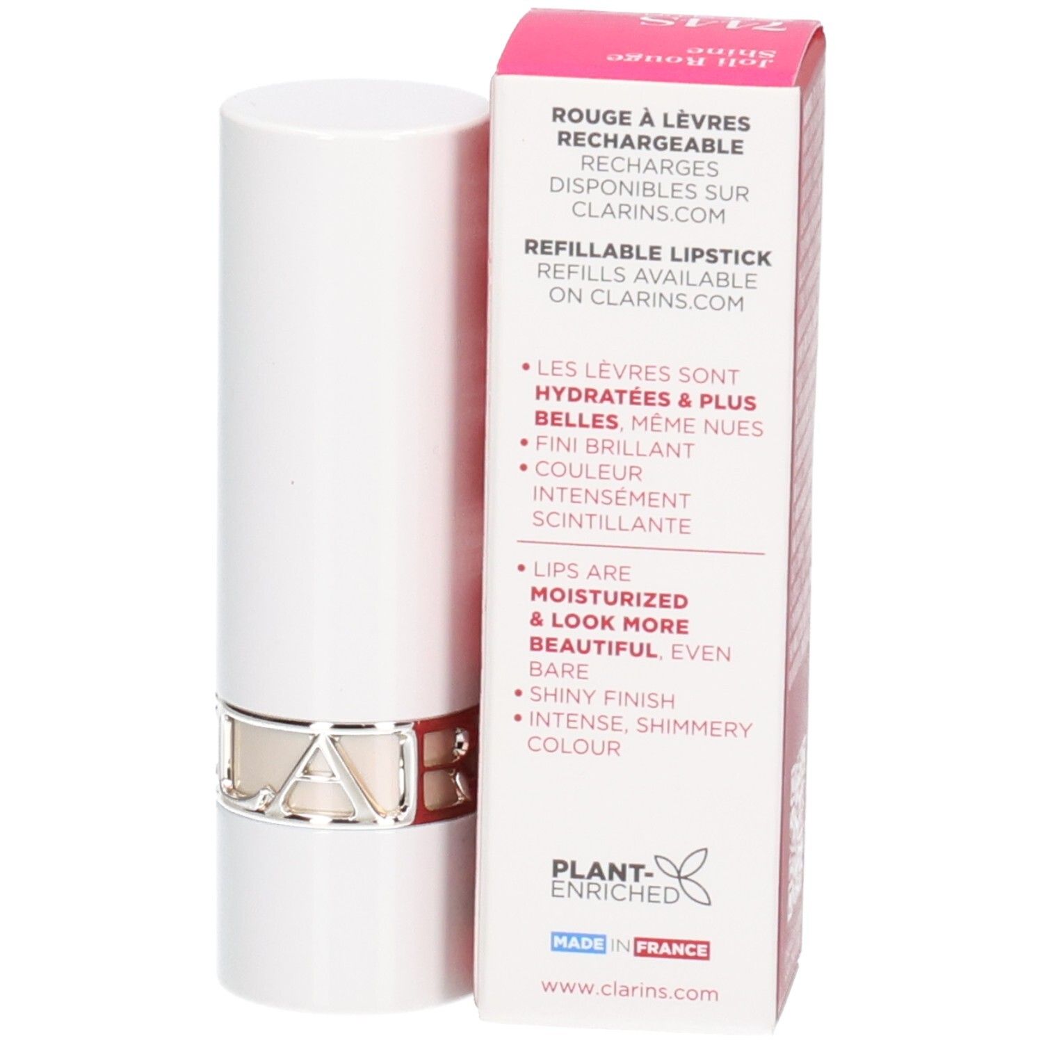 Rouge à lèvres rechargeable Clarins Joli Rouge Shine, tube blanc avec anneau argenté.