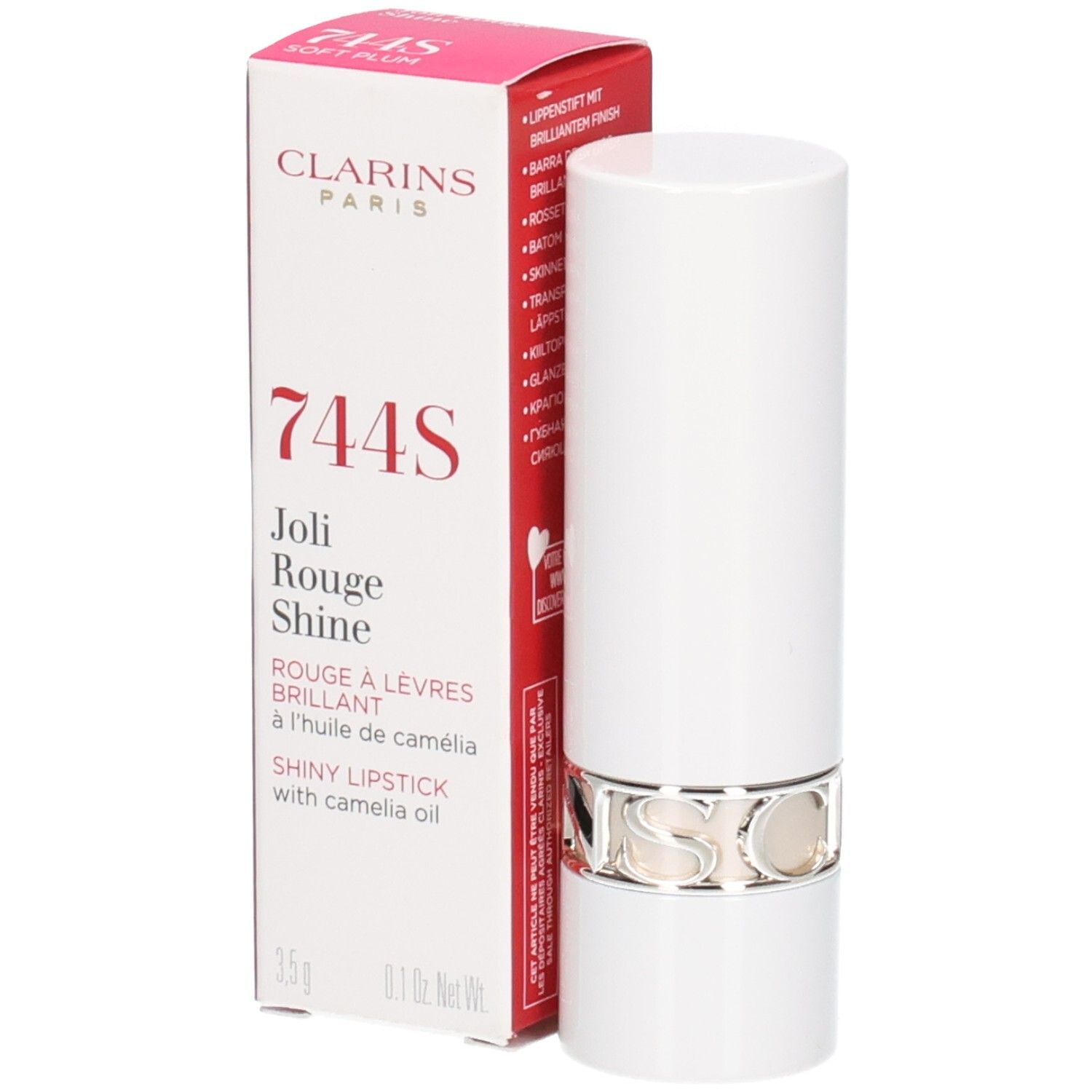 Rouge à lèvres Joli Rouge Shine Clarins, teinte 744S Soft Plum, tube blanc avec anneau argenté et emballage.
