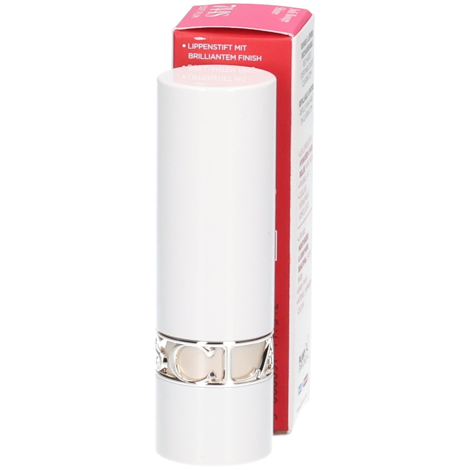 Rouge à lèvres Clarins Joli Rouge Shine dans un tube blanc avec anneau argenté, partiellement dans son emballage.
