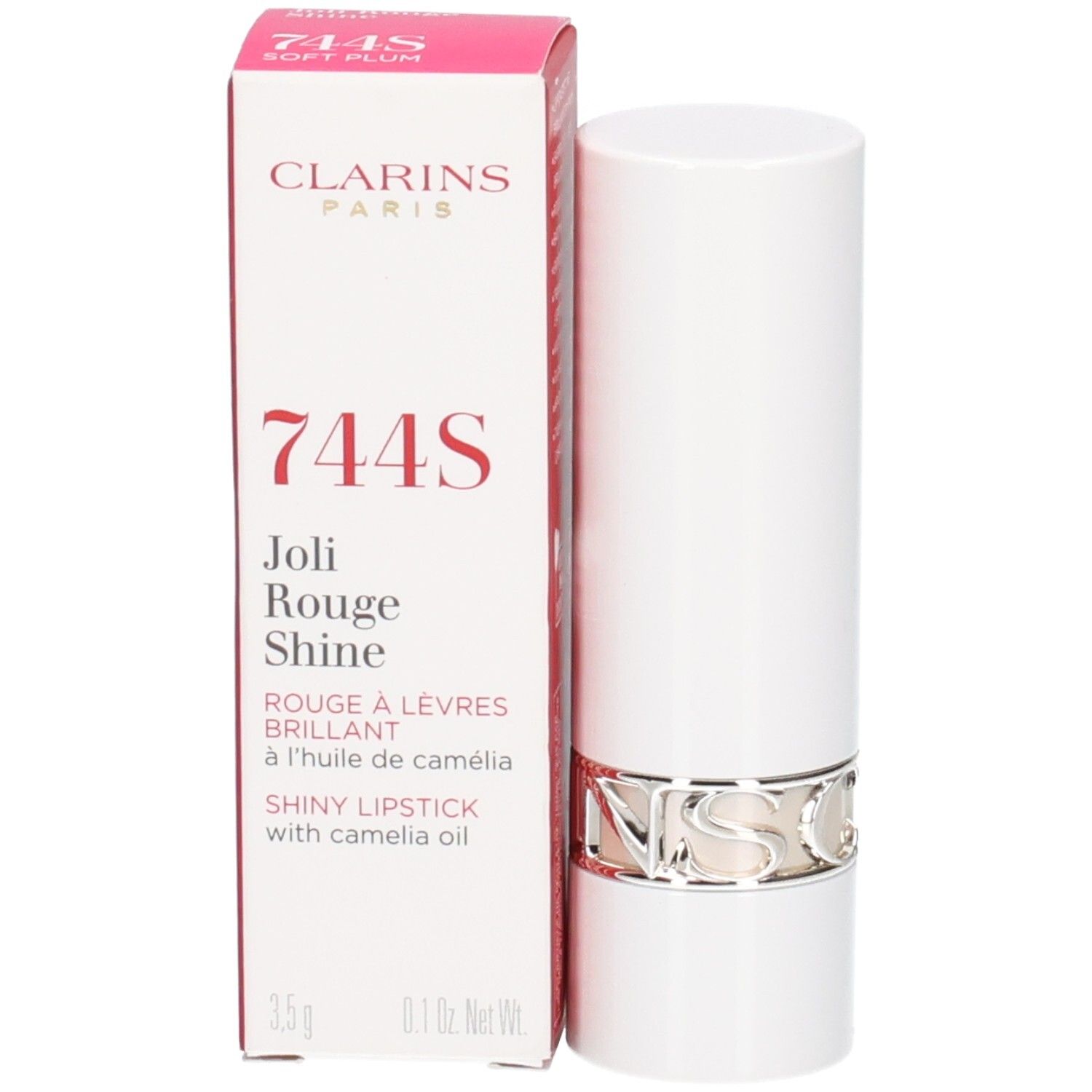 Rouge à lèvres Joli Rouge Shine Clarins, teinte 744S Soft Plum, tube blanc avec anneau argenté et emballage.