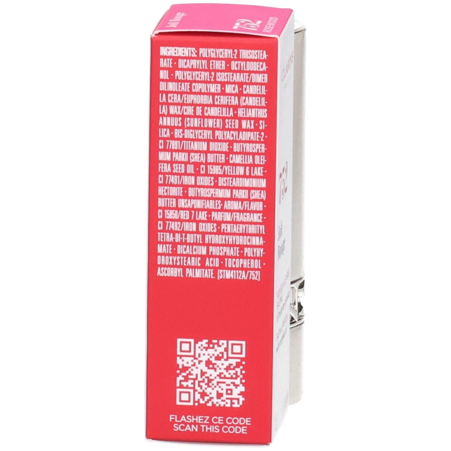Arrière de l'emballage du rouge à lèvres Clarins Joli Rouge, avec ingrédients et QR code.