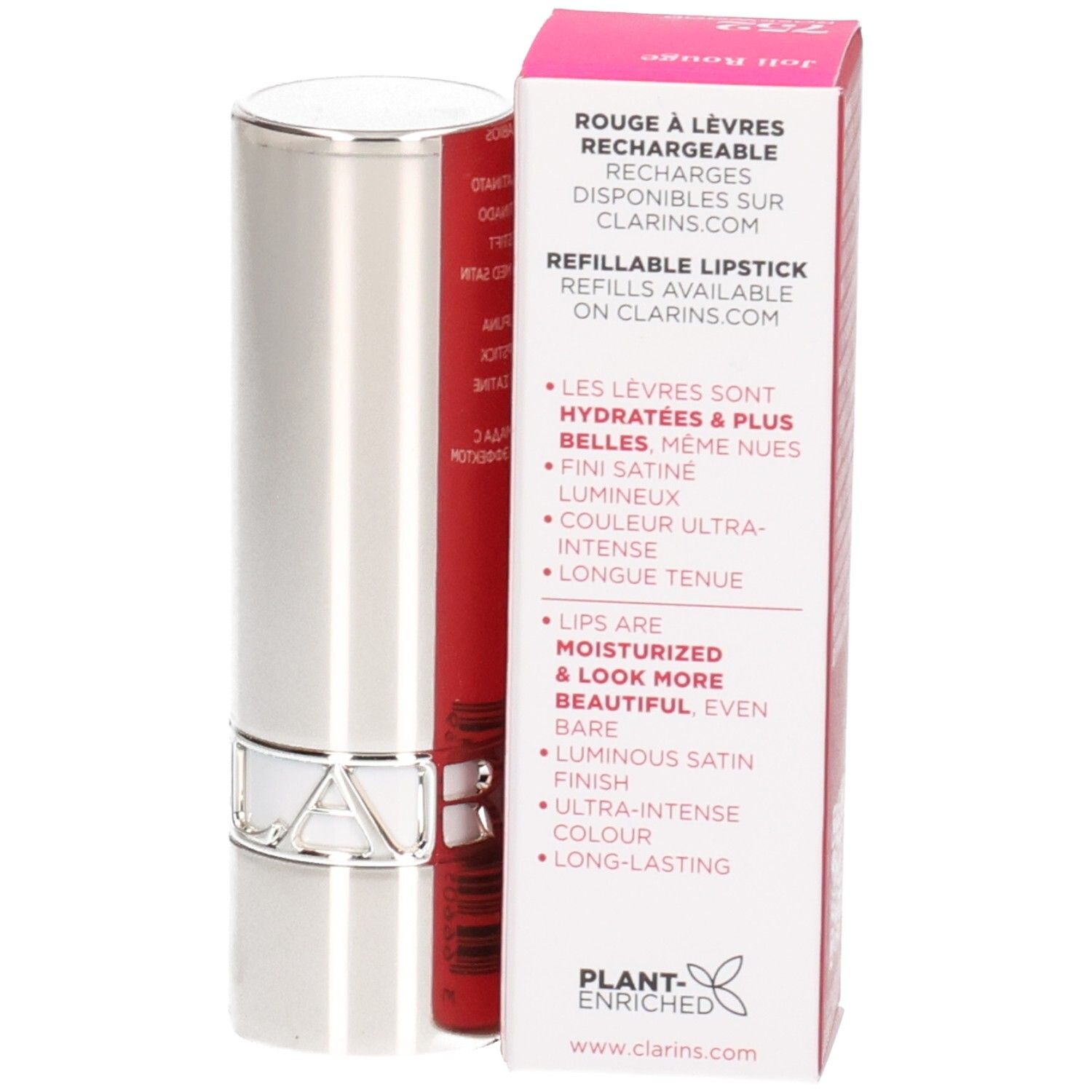 Rouge à lèvres rechargeable Clarins Joli Rouge, tube argenté, avec boîte.