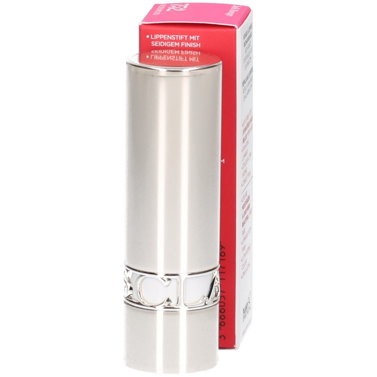 Rouge à lèvres Clarins Joli Rouge, tube argenté, avec boîte rouge.