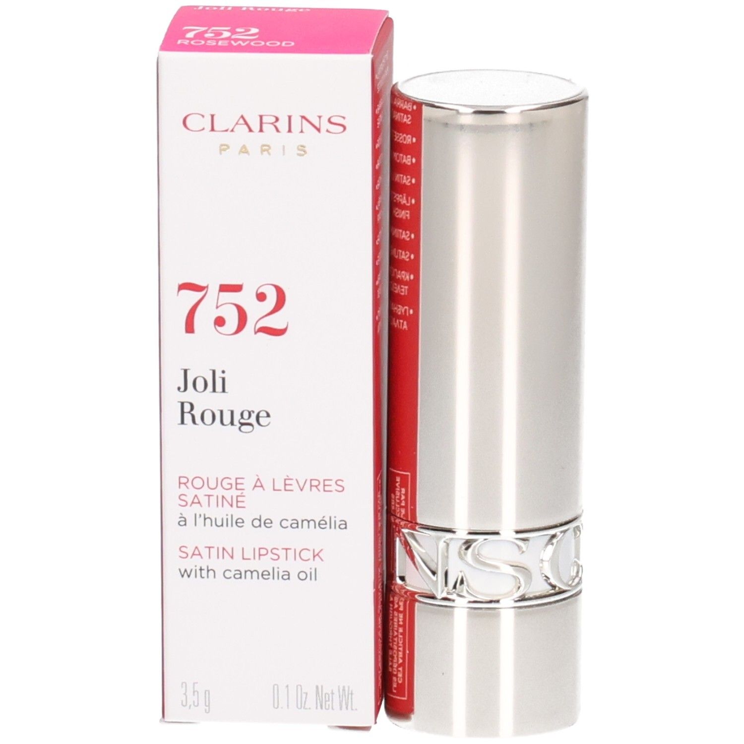 Rouge à lèvres Clarins Joli Rouge 752 Rosewood, tube argenté et boîte rouge.