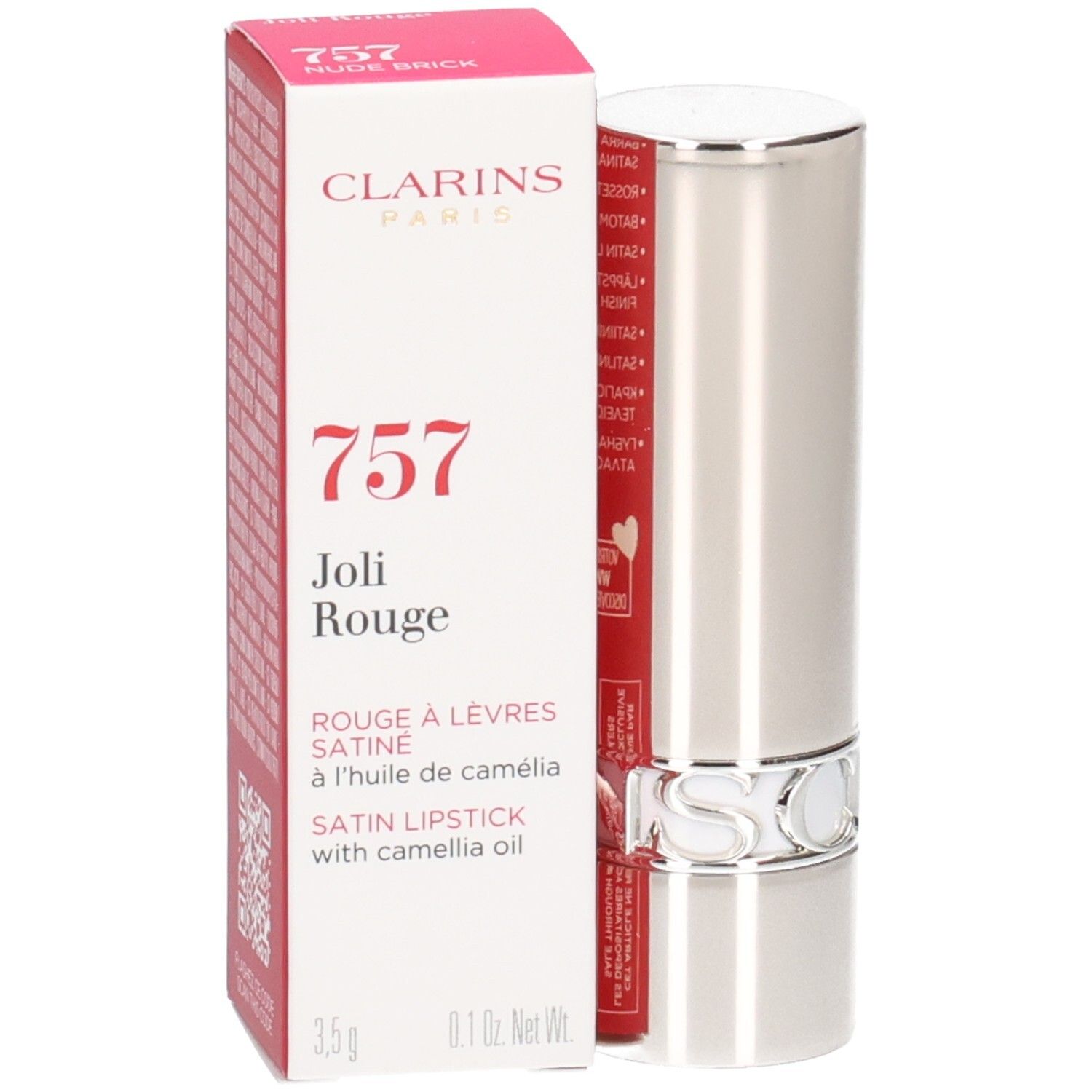 Rouge à Lèvres Satin Joli Rouge 757 de Clarins dans un tube argenté avec boîte.