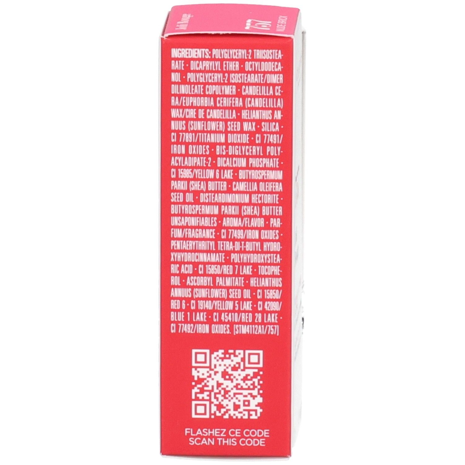 Rouge à Lèvres Satin Joli Rouge 757 Clarins : liste des ingrédients sur la boîte.