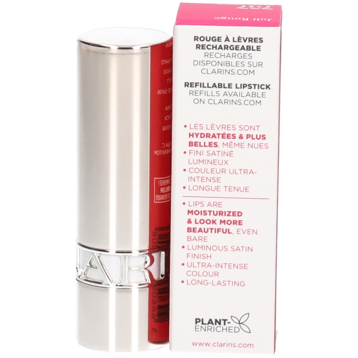 Rouge à Lèvres Satin Joli Rouge 757 Clarins : rouge à lèvres rechargeable avec boîte.