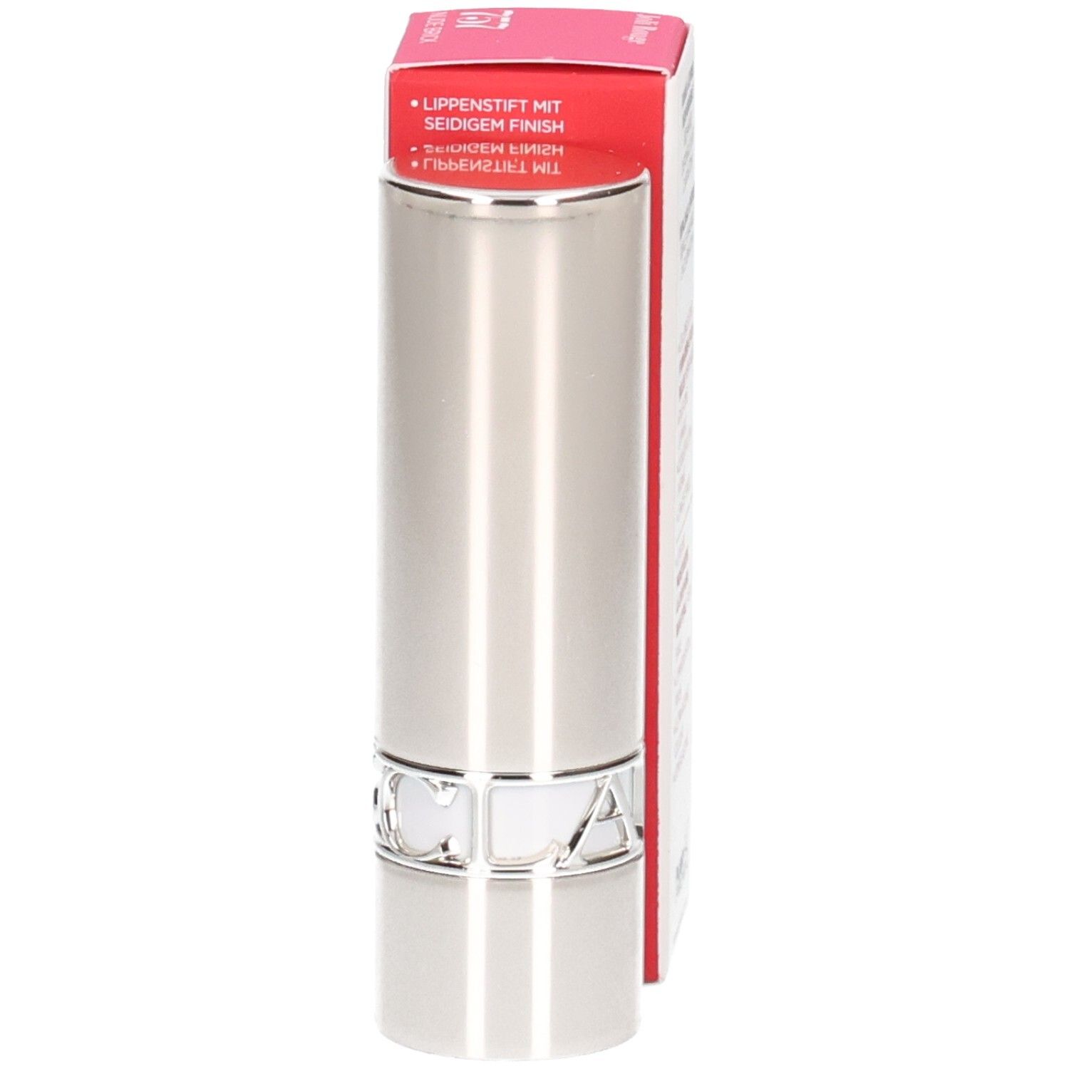 Rouge à Lèvres Satin Joli Rouge 757 Clarins : arrière de la boîte avec texte.