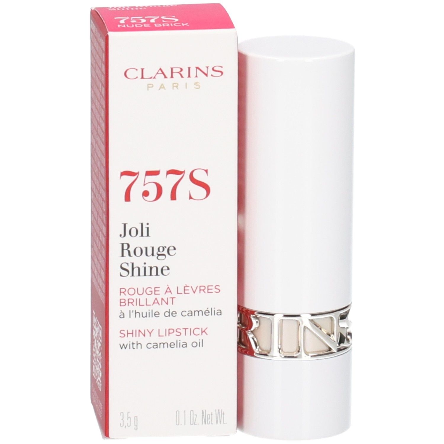 Rouge à Lèvres Satin Clarins 757S Nude Brick dans un tube blanc avec anneau argenté et boîte.