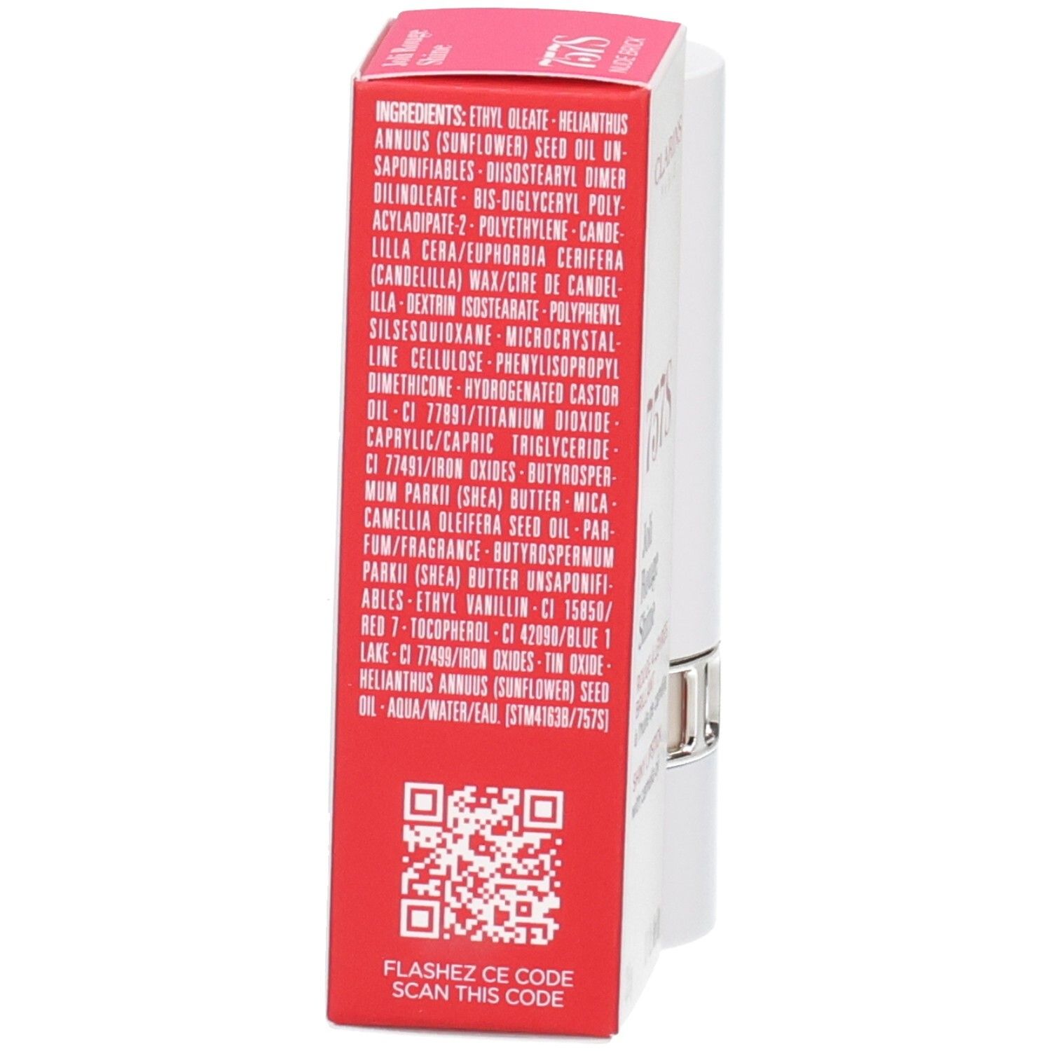 Rouge à Lèvres Satin Clarins 757S Nude Brick, arrière de la boîte avec ingrédients et code QR.