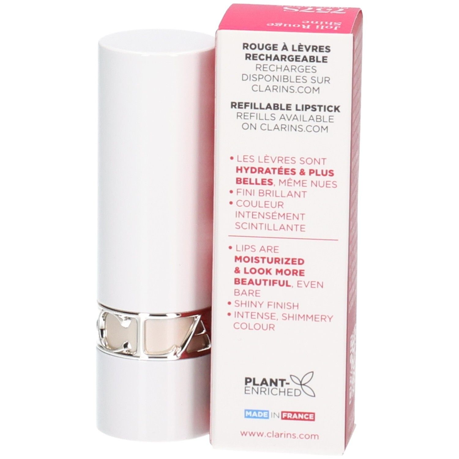 Rouge à Lèvres Satin Clarins 757S Nude Brick, rechargeable, avec informations sur la recharge.