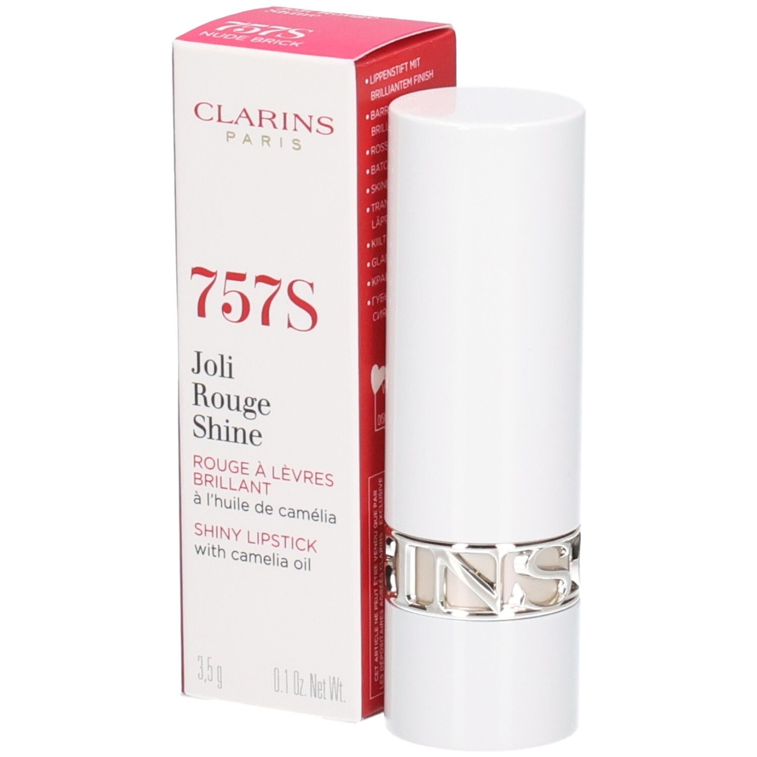 Rouge à Lèvres Satin Clarins 757S Nude Brick dans un tube blanc avec anneau argenté et boîte.