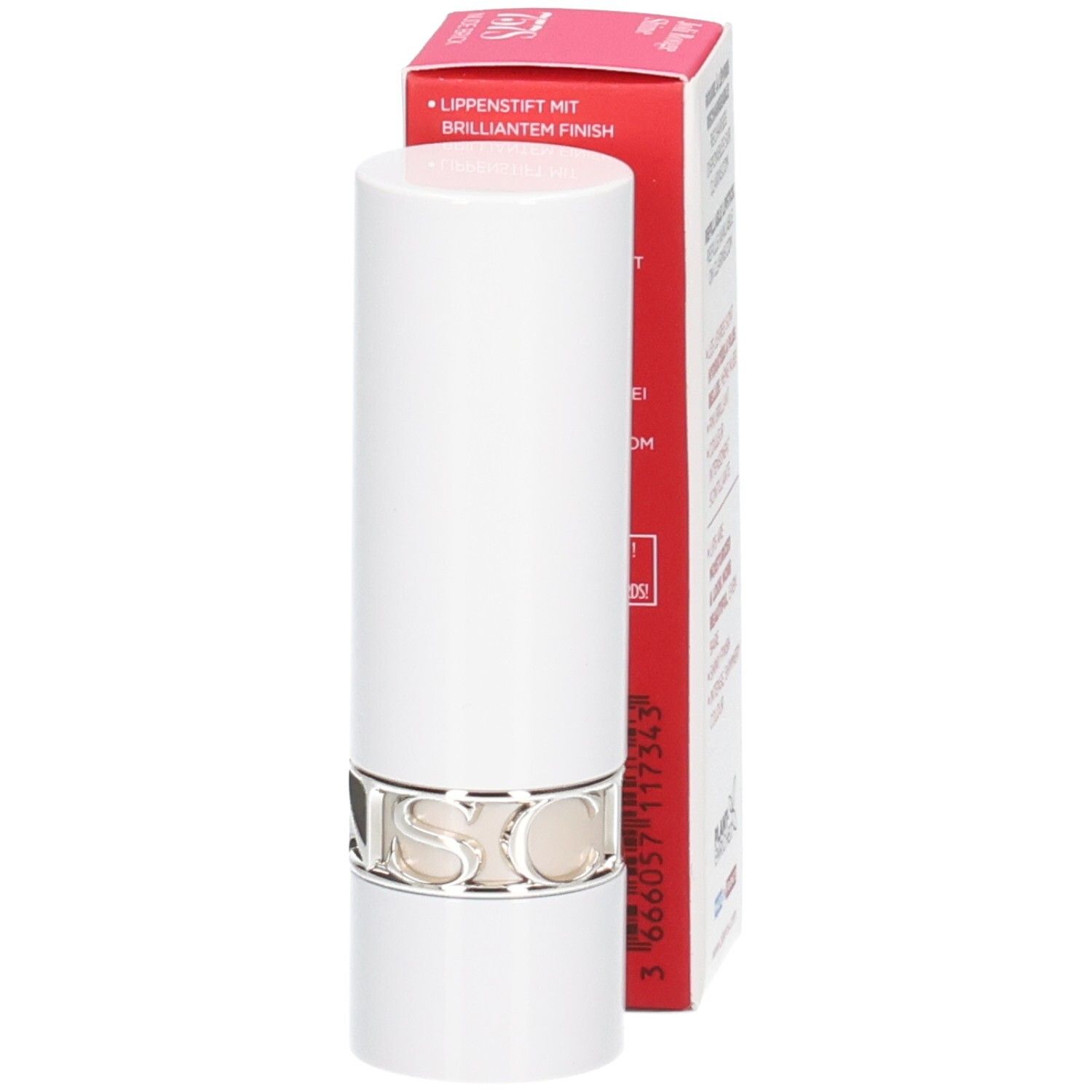 Rouge à Lèvres Satin Clarins 757S Nude Brick, arrière de la boîte avec code-barres et informations produit.