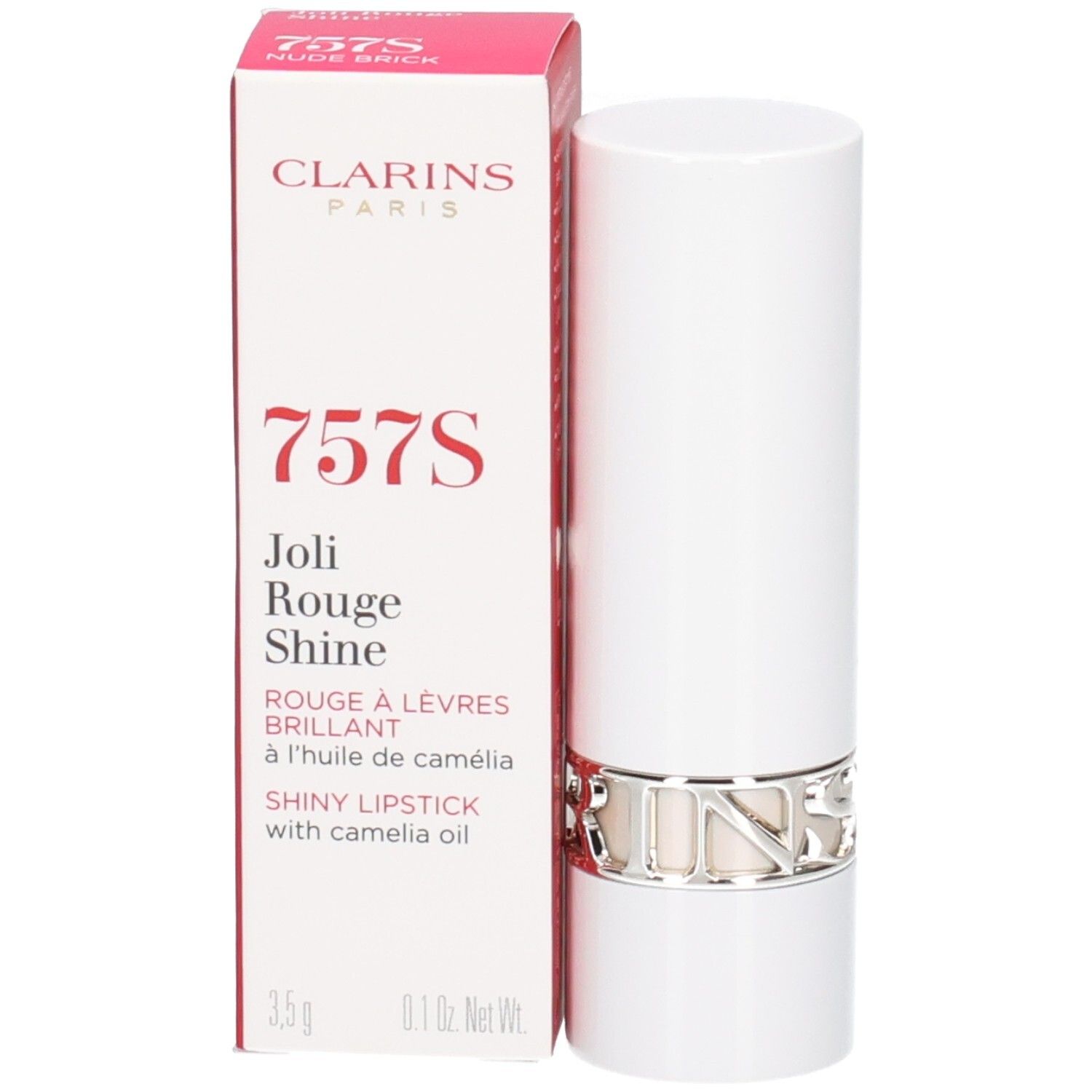 Rouge à Lèvres Satin Clarins 757S Nude Brick dans un tube blanc avec anneau argenté et boîte.