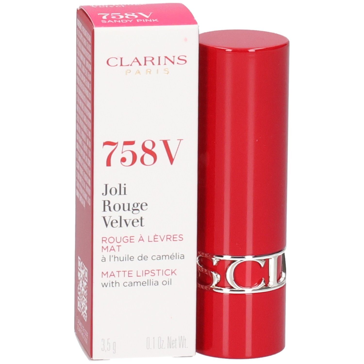 Clarins Joli Rouge Velvet 758V, rouge à lèvres mat dans un tube rouge avec bande logo argentée.