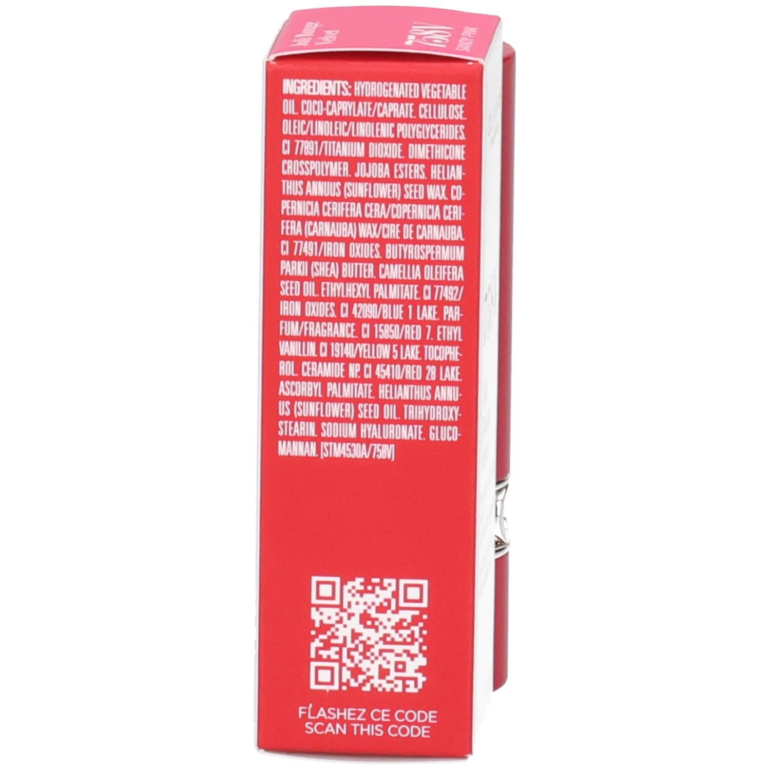 Clarins Joli Rouge Velvet 758V, arrière de l'emballage avec liste des ingrédients et code QR.