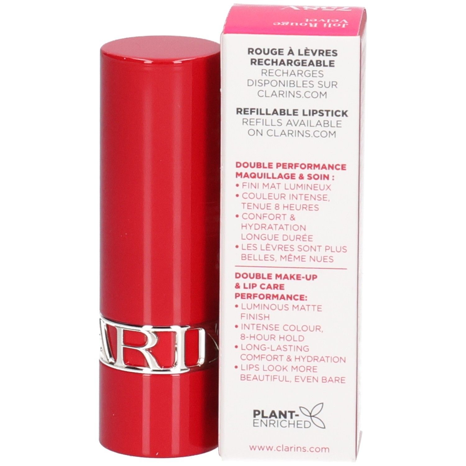 Clarins Joli Rouge Velvet 758V, rouge à lèvres rechargeable rouge et emballage avec avantages produit.