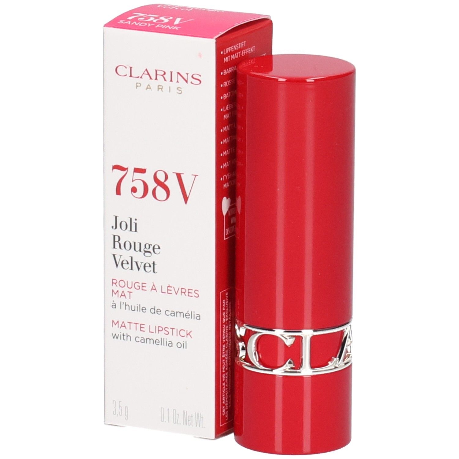 Clarins Joli Rouge Velvet 758V, rouge à lèvres mat dans un tube rouge avec bande logo argentée.