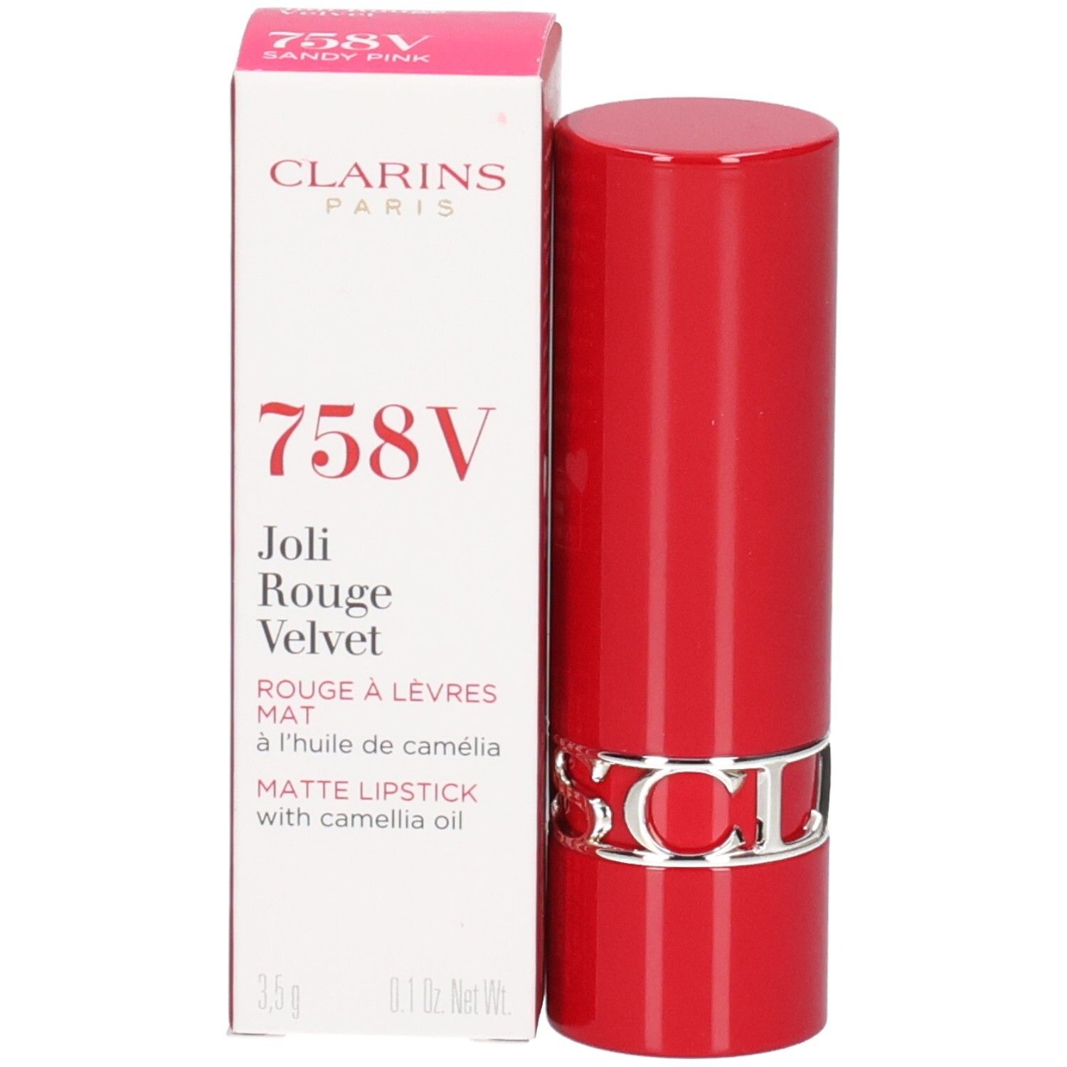 Clarins Joli Rouge Velvet 758V, rouge à lèvres mat dans un tube rouge avec bande logo argentée.