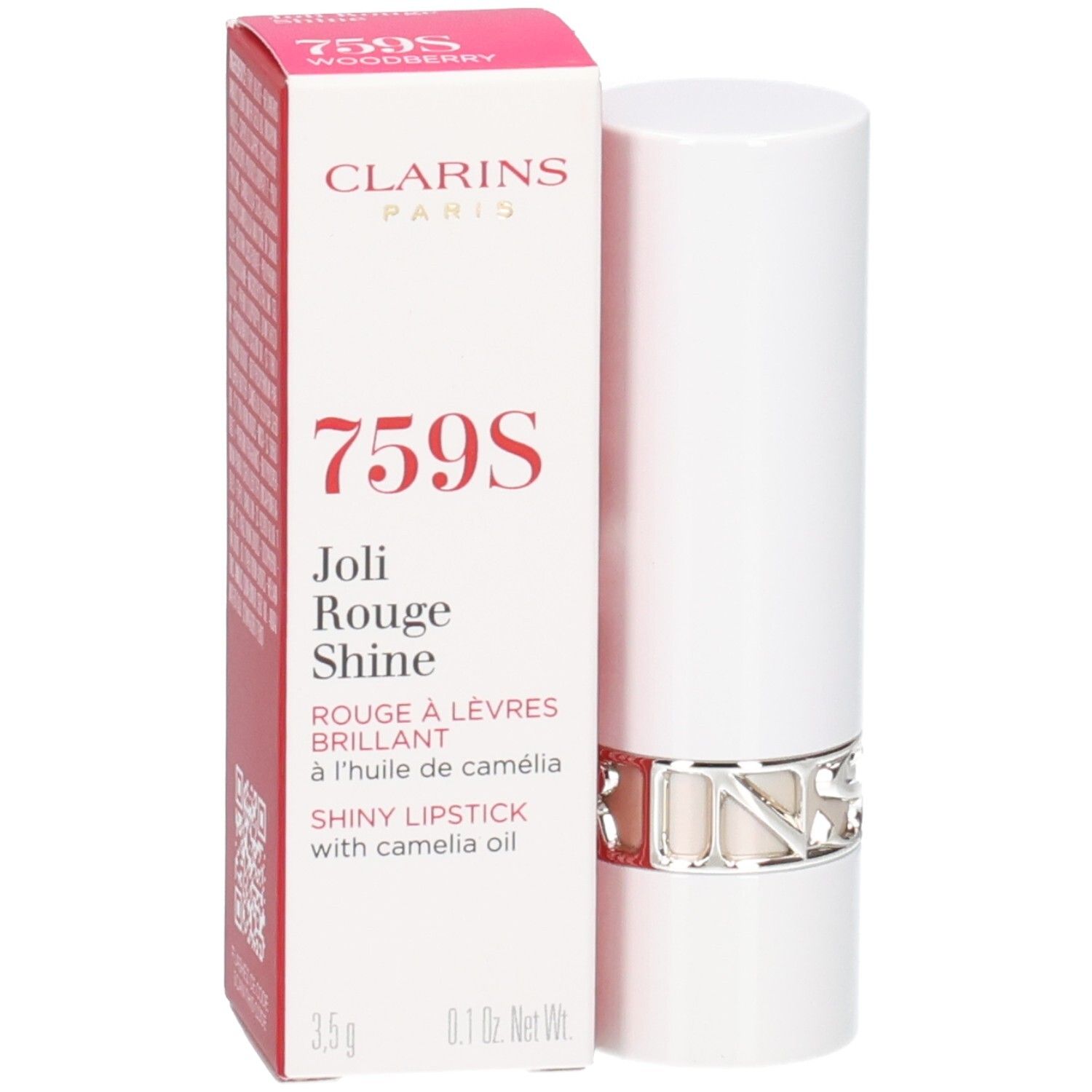 Rouge à Lèvres Brillant Clarins 759S Woodberry dans son emballage blanc avec anneau argenté.