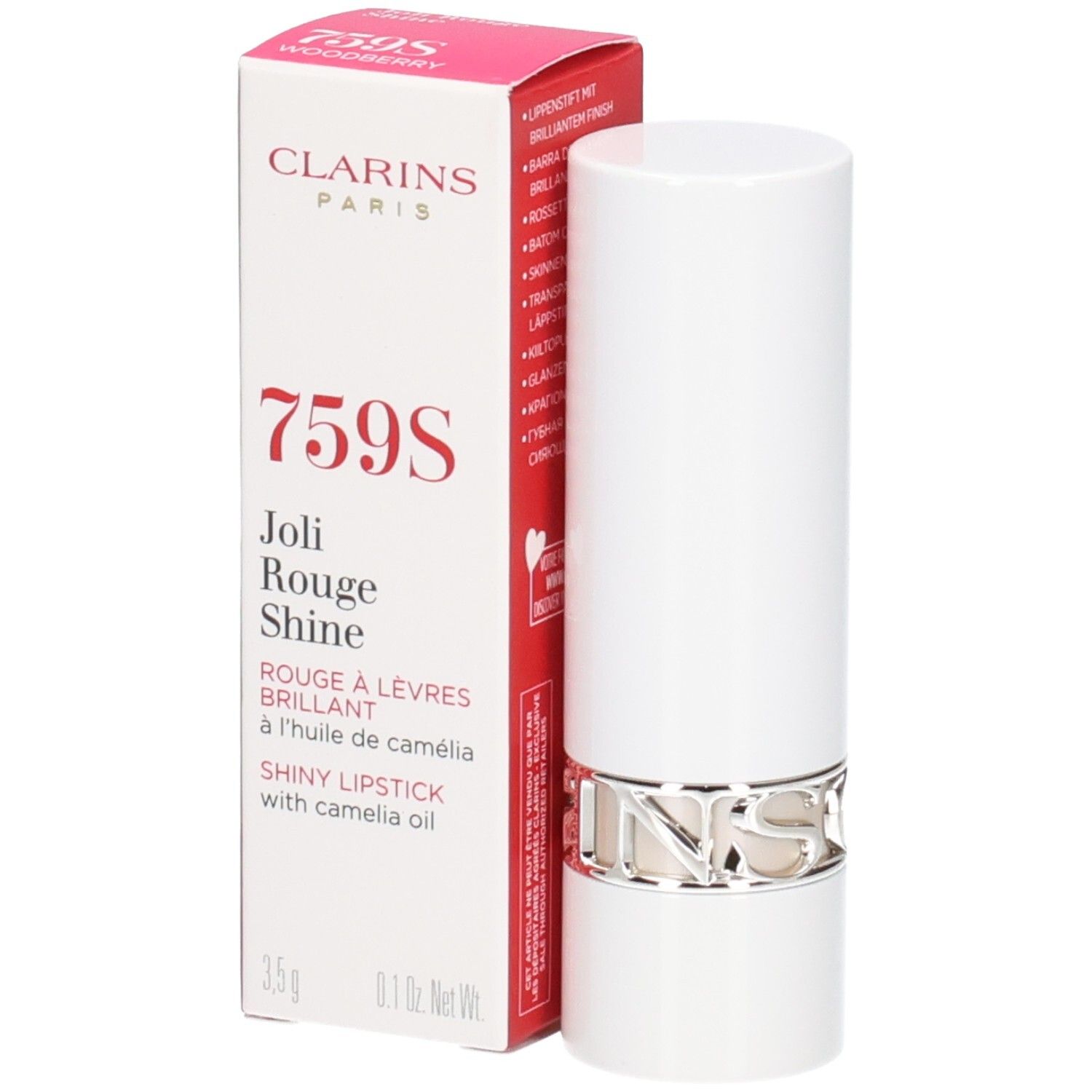 Rouge à Lèvres Brillant Clarins 759S Woodberry dans son emballage blanc avec anneau argenté.