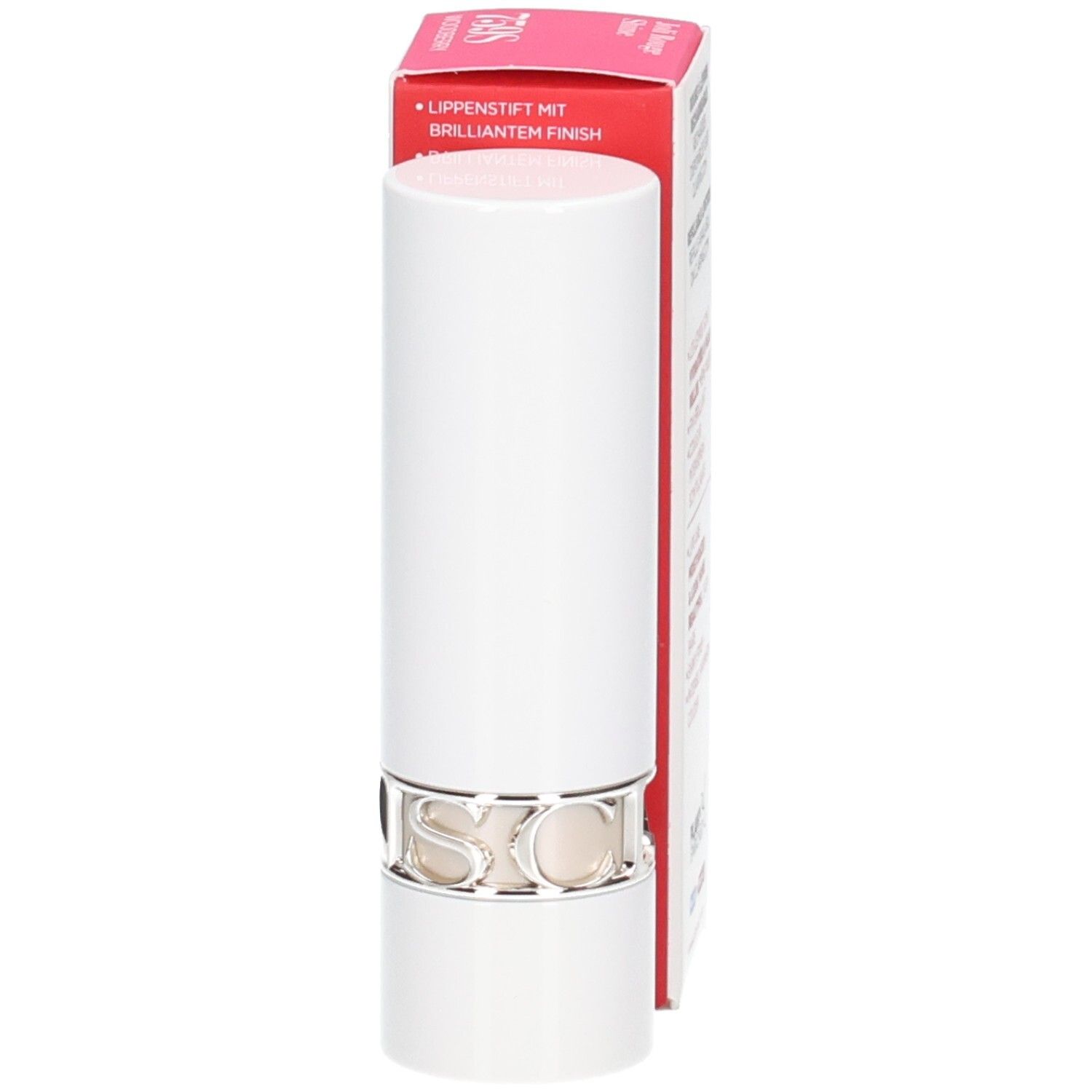 Rouge à Lèvres Brillant Clarins dans son tube blanc avec anneau argenté et son emballage.