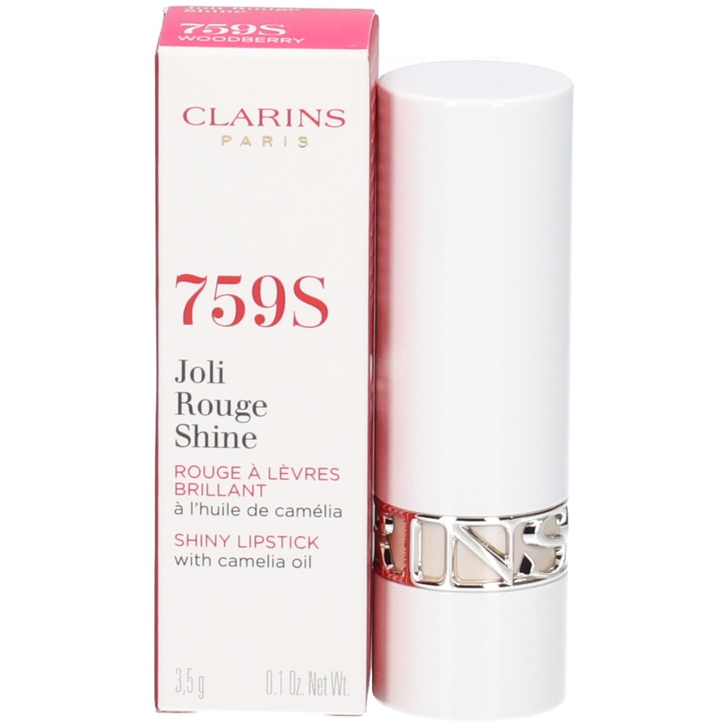 Rouge à Lèvres Brillant Clarins 759S Woodberry dans son emballage blanc avec anneau argenté.