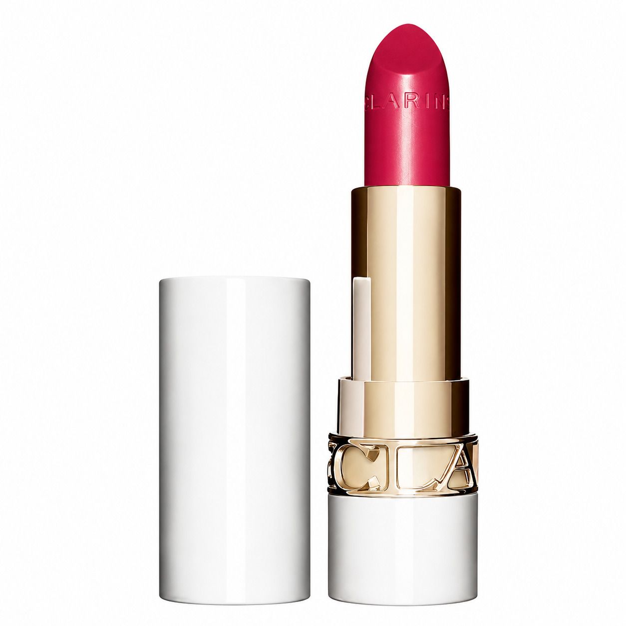 Rouge à lèvres brillant Clarins Joli Rouge Shine 762S dans son tube blanc avec anneau argenté, à côté de sa boîte.