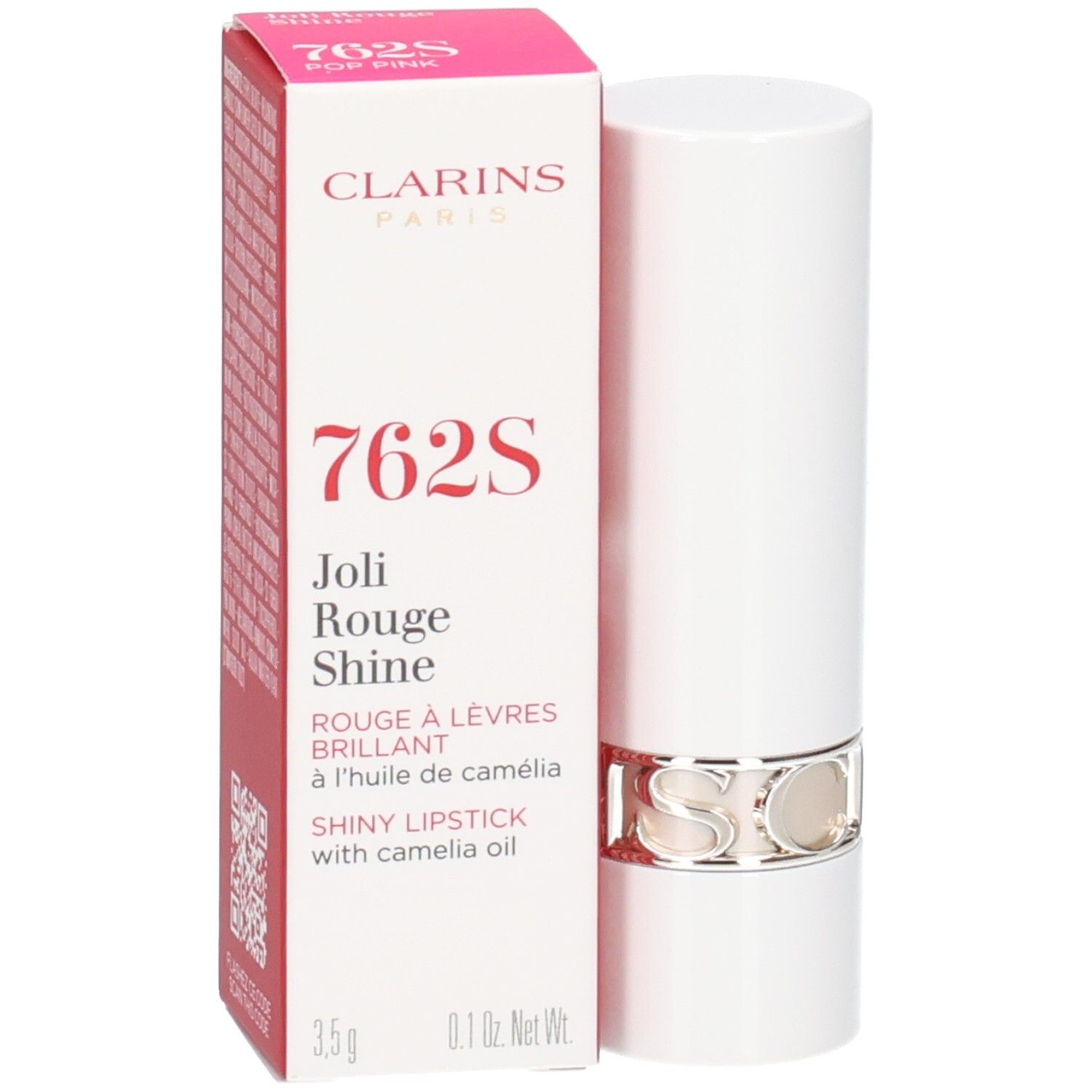 Rouge à lèvres brillant Clarins Joli Rouge Shine 762S dans son tube blanc avec anneau argenté, à côté de sa boîte.