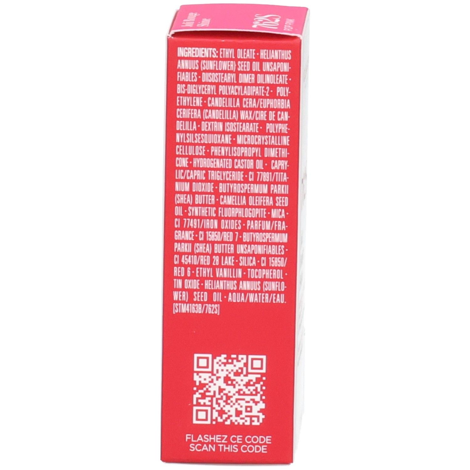 Clarins Joli Rouge Shine rouge à lèvres 762S, arrière de la boîte avec liste des ingrédients et QR code.