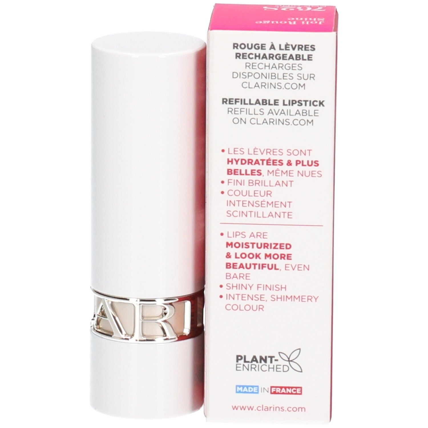 Rouge à lèvres brillant Clarins Joli Rouge Shine 762S dans son tube blanc avec anneau argenté, à côté de sa boîte indiquant qu'il est rechargeable.