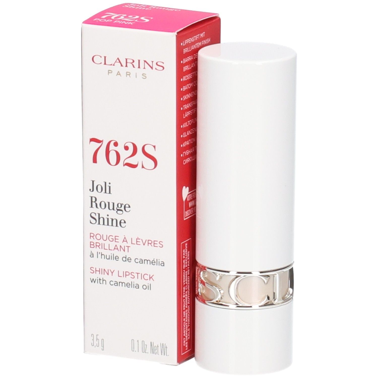 Rouge à lèvres brillant Clarins Joli Rouge Shine 762S dans son tube blanc avec anneau argenté, à côté de sa boîte.