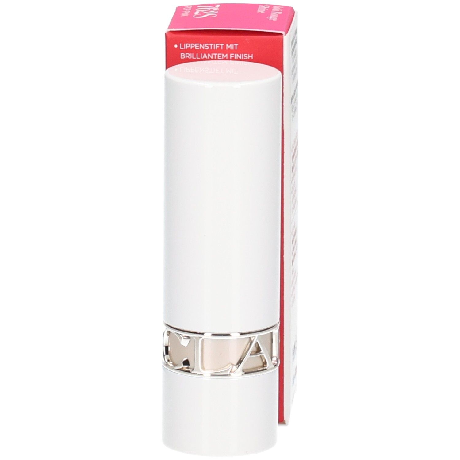 Rouge à lèvres brillant Clarins Joli Rouge Shine 762S dans son tube blanc avec anneau argenté, à côté de sa boîte.