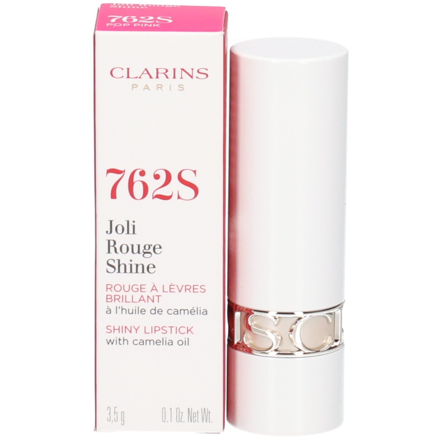 Rouge à lèvres brillant Clarins Joli Rouge Shine 762S dans son tube blanc avec anneau argenté, à côté de sa boîte.