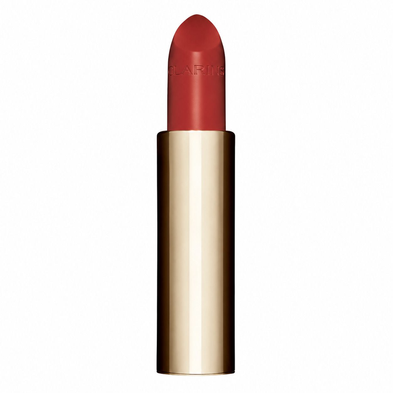 Rouge à lèvres Clarins Joli Rouge 771 Dahlia Red, tube doré.