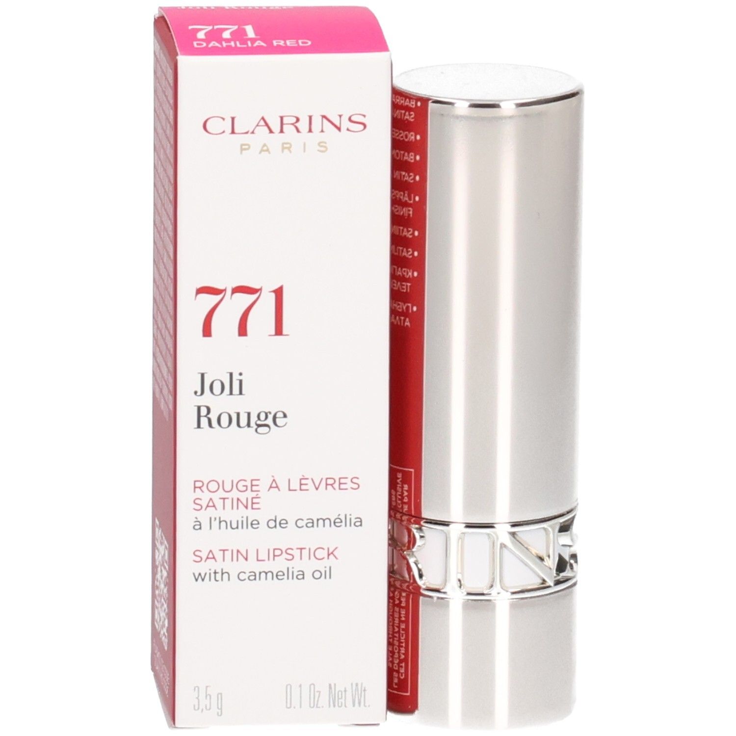 Rouge à lèvres Clarins Joli Rouge 771 Dahlia Red, tube argenté, avec boîte.