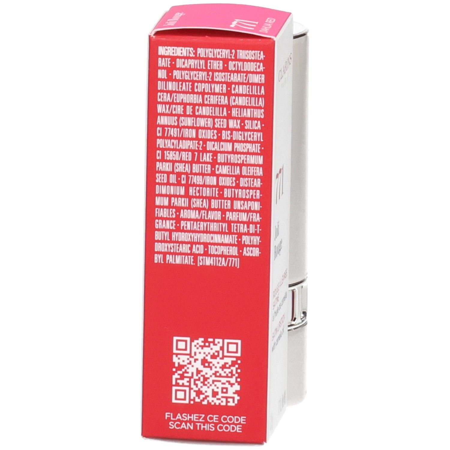 Rouge à lèvres Clarins Joli Rouge 771 Dahlia Red, arrière de la boîte avec ingrédients.
