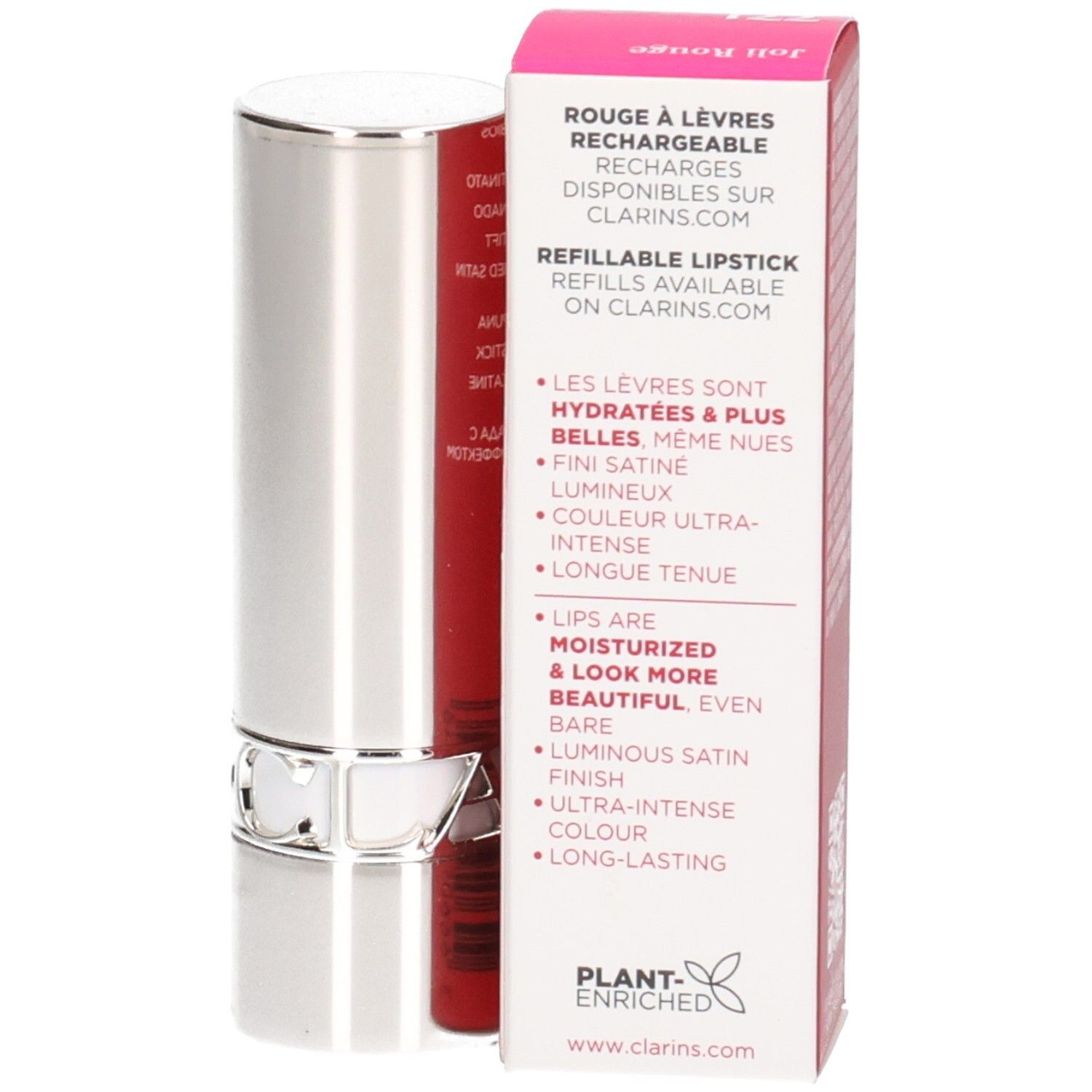 Rouge à lèvres rechargeable Clarins Joli Rouge 771 Dahlia Red, tube argenté, avec boîte.
