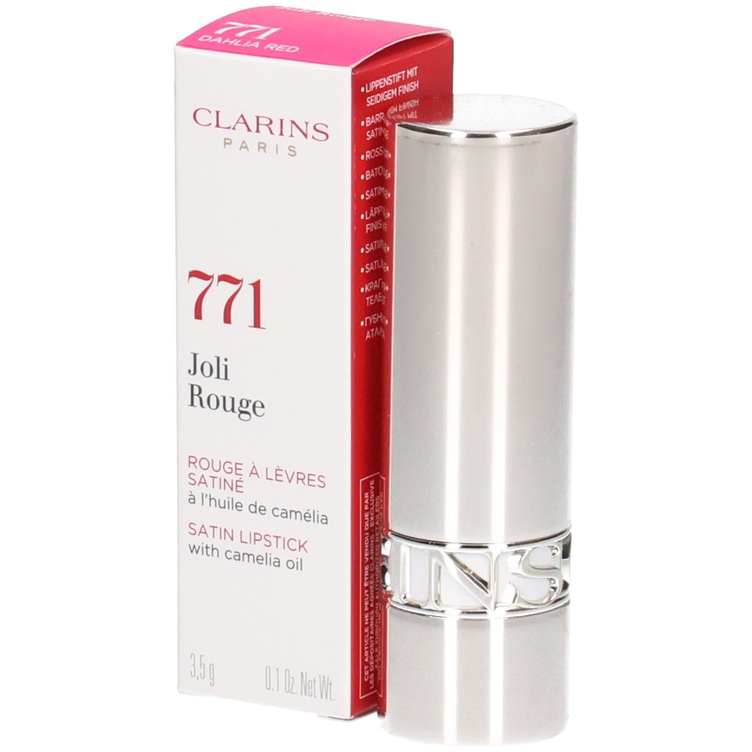 Rouge à lèvres Clarins Joli Rouge 771 Dahlia Red, tube argenté, avec boîte.