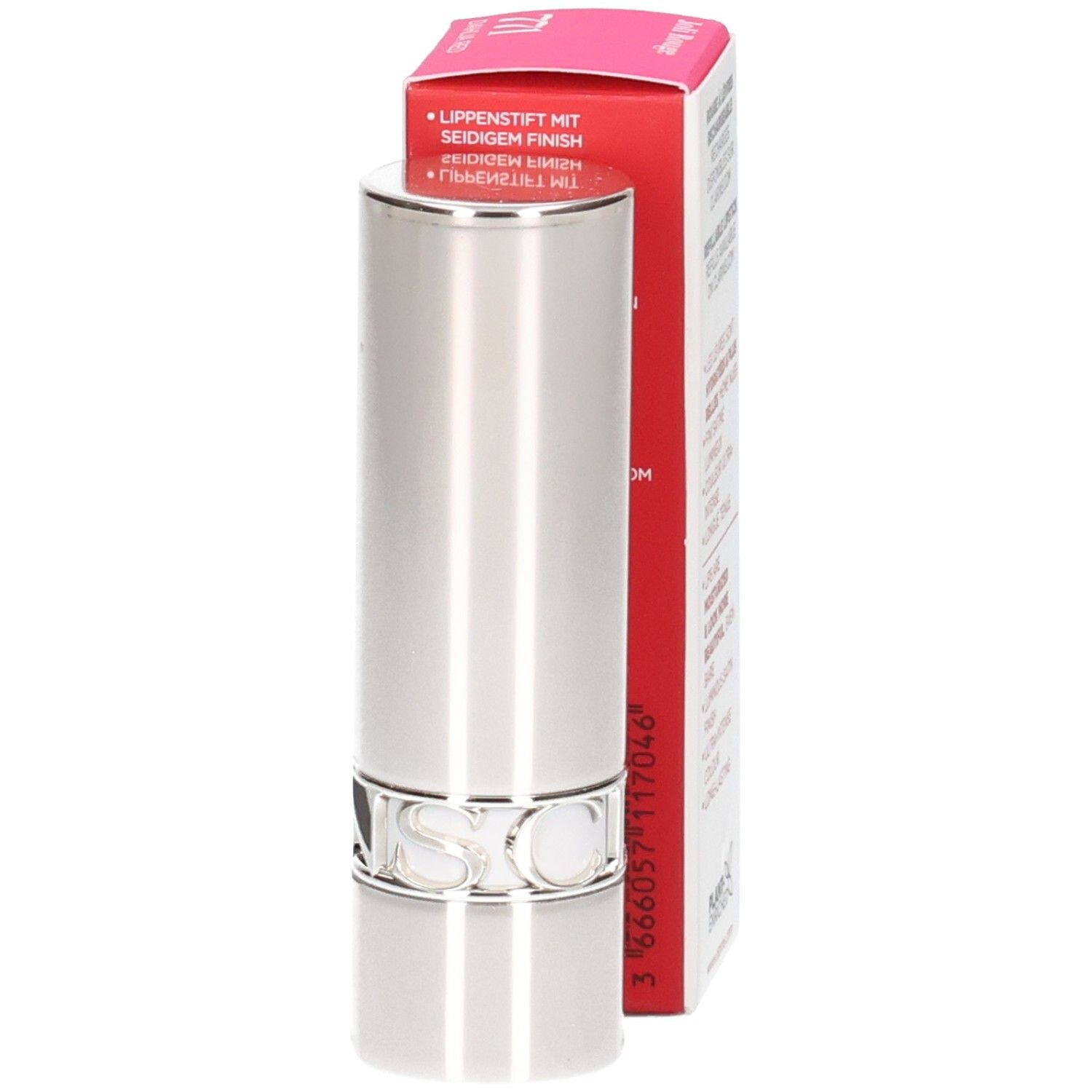Rouge à lèvres Clarins Joli Rouge 771 Dahlia Red, tube argenté, avec boîte.