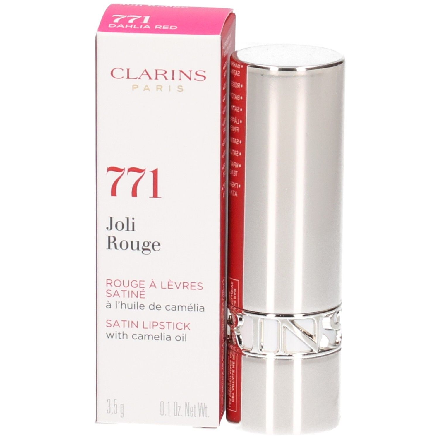 Rouge à lèvres Clarins Joli Rouge 771 Dahlia Red, tube argenté, avec boîte.